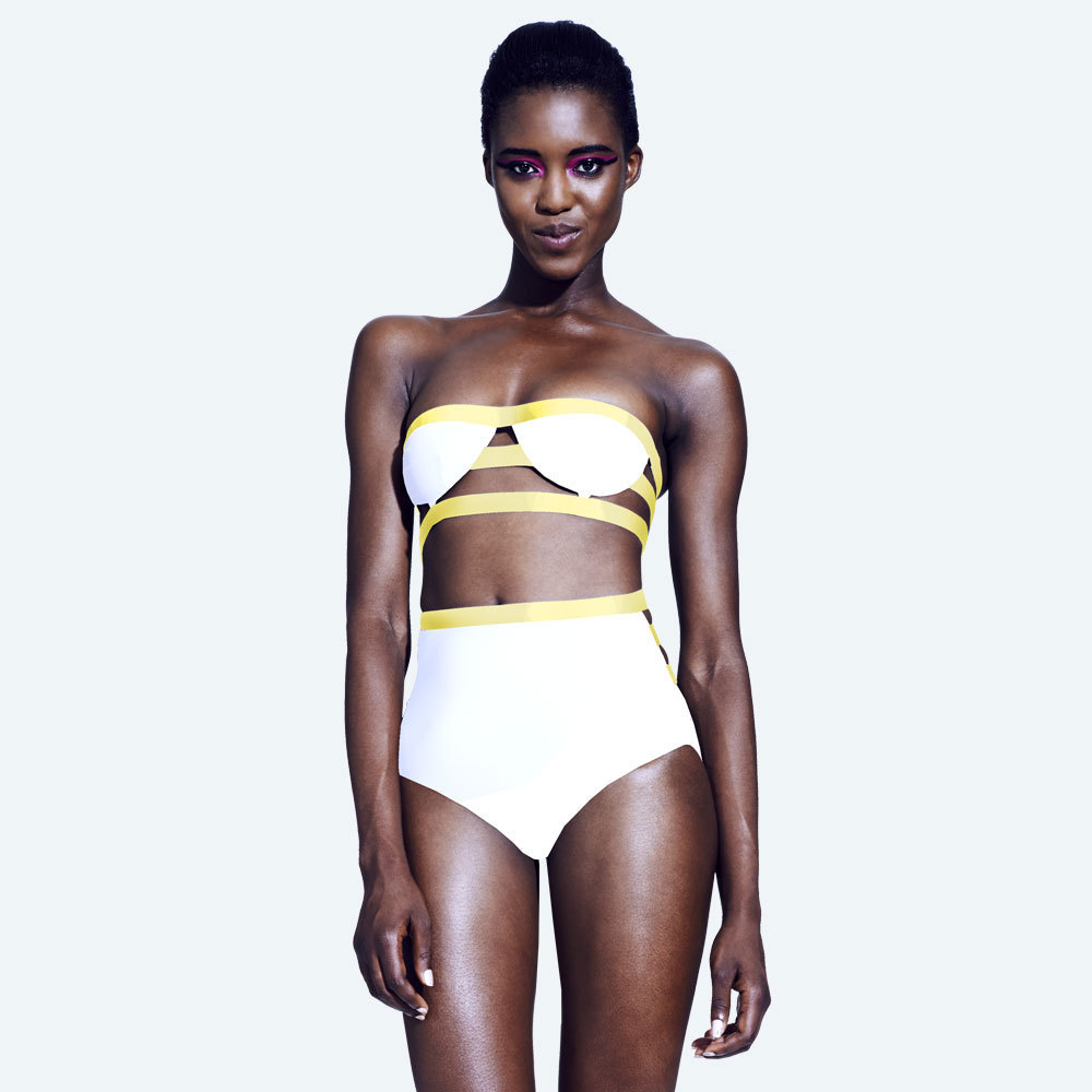 F4342-1White Yellow Strapless Cut-out Top High-waisted Teddy Bikini